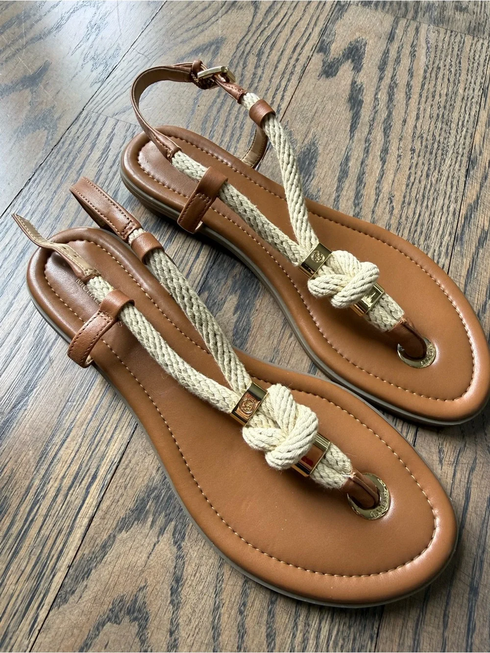 Michael Kors Tan and Beige Rope T-Strap Sandals size 6.5. Like new condition.